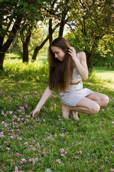 Beautiful girl picking flowers in the park