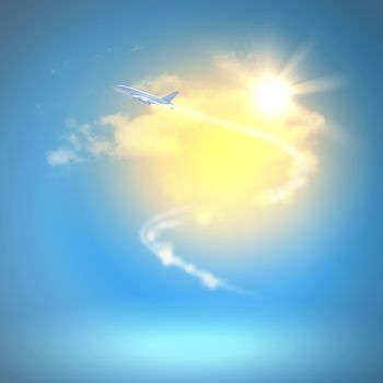 Image of flying airplane in sky with clouds at background