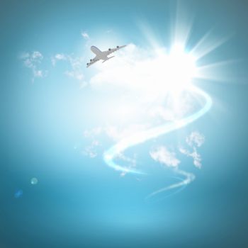 Image of flying airplane in sky with clouds at background