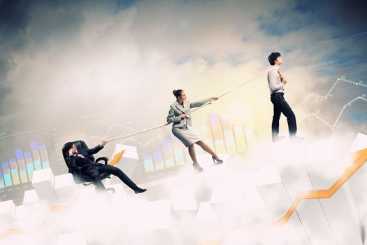 Image of three businesspeople with rope against diagram background
