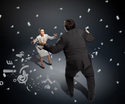 Image of businesspeople arguing and acting as sumo fighters