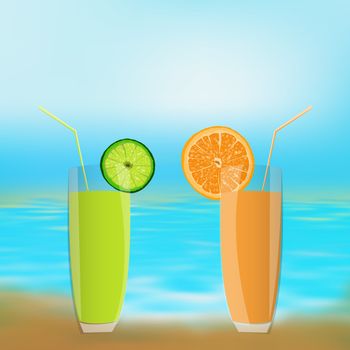 Fresh juice orange and lime on a sea blue background