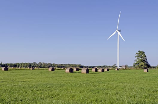 Wind turbine and hay bails in a field on green grass background