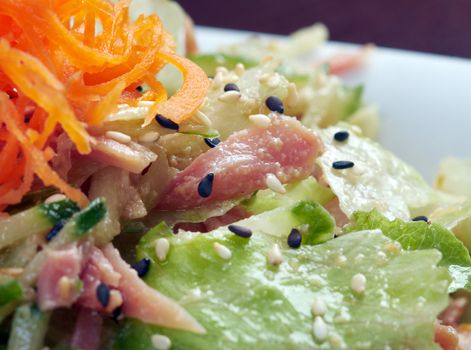 Japan salad with smoked chicken and vegetables   closeup