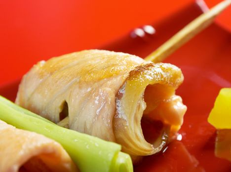 Japanese skewered salmon Yakitori  .closeup