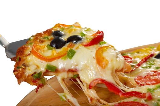 home pizza with tomato and eggplant  Closeup .taking slice of pizza,melted cheese dripping
