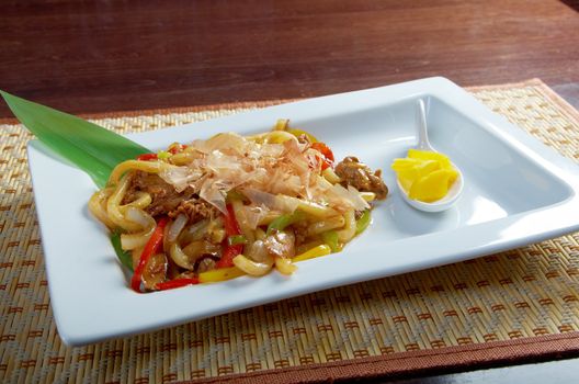 Japanese cuisine .udon with meat and vegetables