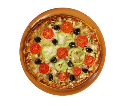 .home pizza with tomato and eggplant  .isolated on white background.