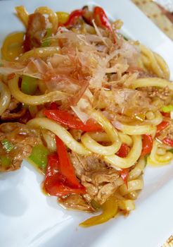 Japanese cuisine .udon with meat and vegetables