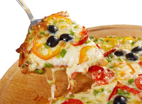 home pizza with tomato and eggplant  Closeup .taking slice of pizza,melted cheese dripping