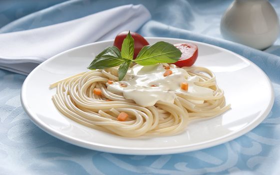 Spaghetti with cheese-cream sauce, tomato and basil on the white plate