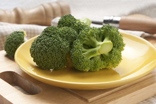 Some pieces of broccoli on the yellow plate