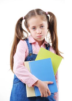 Schoolgirl with book unhappy go back to school