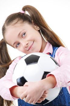 Cute little girl with soccer ball on white background