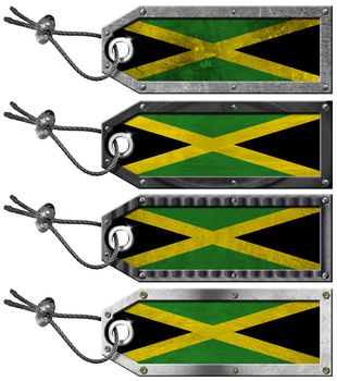 Four grunge metallic tags with Jamaican flags, steel cable and metal rivets