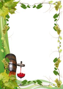 vine leaves, grapes, barrel and glass of red wine for a wine in a restaurant