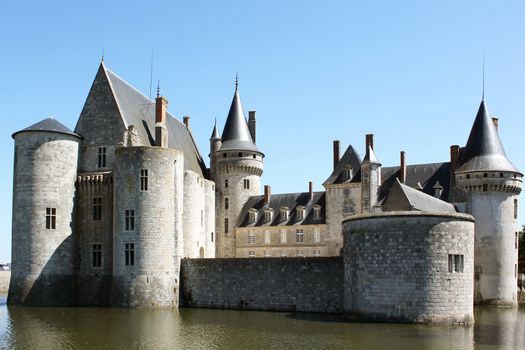 Photograph of the Castle of the Sully-sur-Loire bordered by trees with its pond