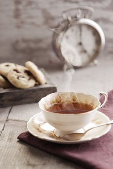 Breakfast with tea and Chocolate chip cookies