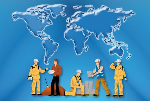 illustrations of building workers to work on a world map