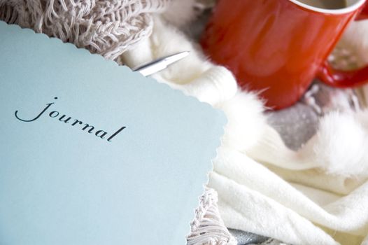 blue journal book put on desk with scarf and cup of coffee