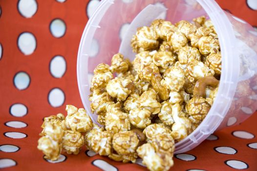 pile of caramel popcorn from the bucket