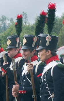 Historical reconstruction.  Soldiers of 9 Light Infantry regiment of Napoleon army at the festival of the Borodino battle