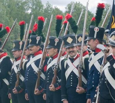 Historical reconstruction.  Soldiers of 9 Light Infantry regiment of Napoleon army at the festival of the Borodino battle