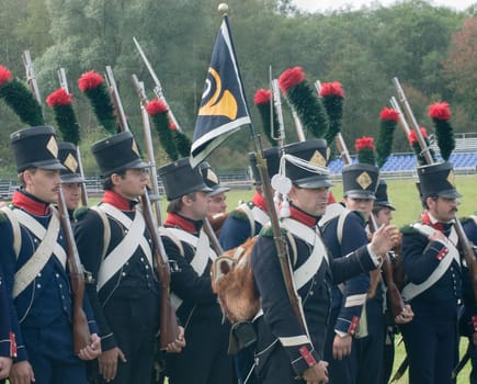 Historical reconstruction.  Soldiers of 9 Light Infantry regiment of Napoleon army at the festival of the Borodino battle