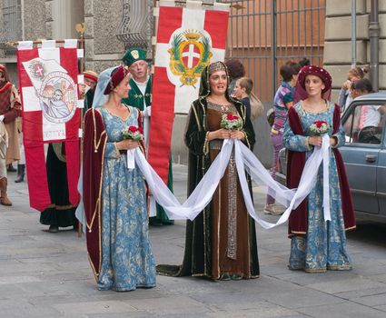 Participants of the National championship of the medieval flag bearers and musicians in Faenza, Italy