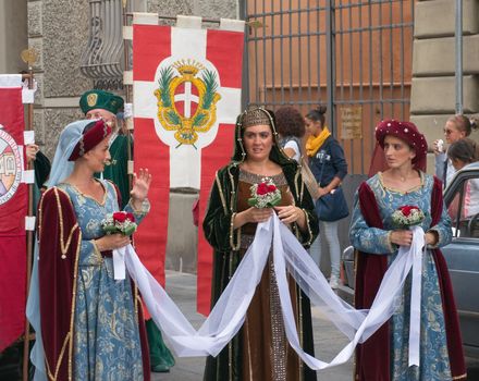 Participants of the National championship of the medieval flag bearers and musicians in Faenza, Italy