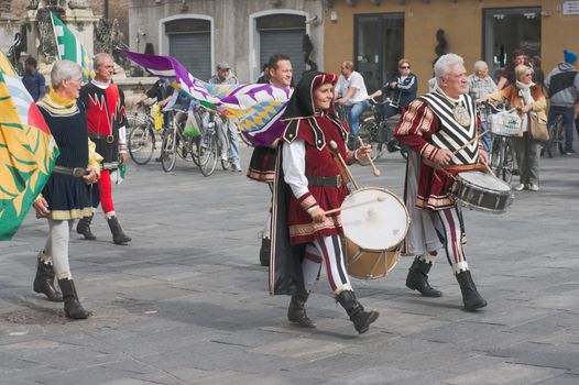 Participants of the National championship of the medieval flag bearers and musicians in Faenza, Italy