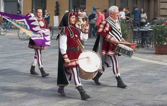 Participants of the National championship of the medieval flag bearers and musicians in Faenza, Italy