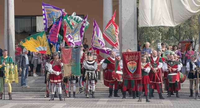 Participants of the National championship of the medieval flag bearers and musicians in Faenza, Italy