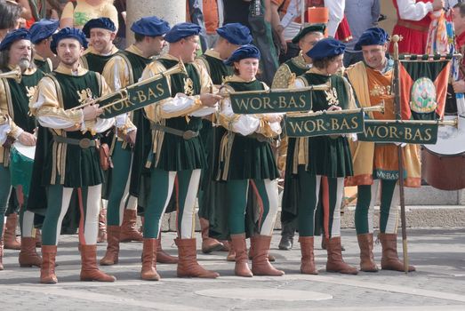 Participants of the National championship of the medieval flag bearers and musicians in Faenza, Italy