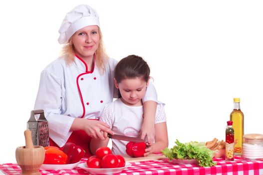 Mother and daughter cooking dinner, white backgroung