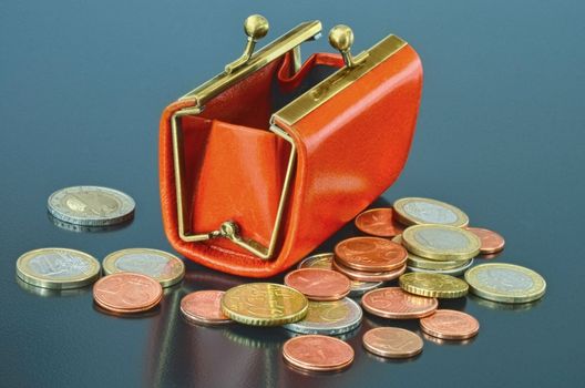 Opened leather purse with some euro coins around