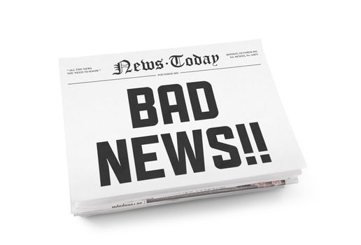 A stack of newspapers with headline "Bad news" on a front page. Isolated on white.