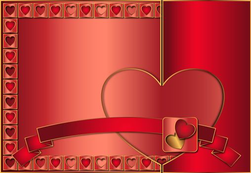 Valentine background decorated in red color of gold and contours with ribbon