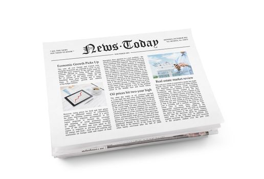 A stack of newspapers with headline "News Today" and some article with information. Isolated on white.
