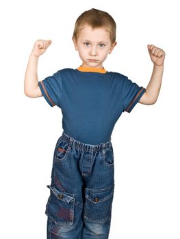 The boy shows his muscles. Isolated on a white background