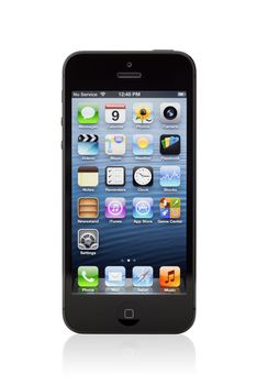Kiev, Ukraine - January 9, 2013: The new black Apple iPhone 5, sixth generation version of the iPhone is slimmer and lighter model with new high-resolution, 4-inch screen display.