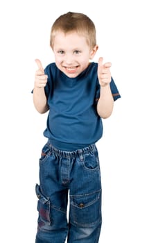 Happy boy shows the sign OK on a white background