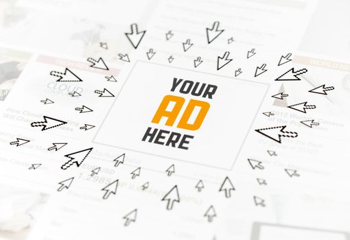 Success web advertisement with text "YOUR AD HERE" and lot of clicking pointers around. Conceptual image.