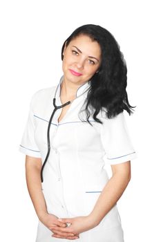 Smiling medical doctor woman with stethoscope. Isolated over white background 