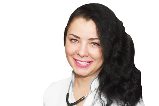 Smiling medical doctor woman with stethoscope. Isolated over white background 