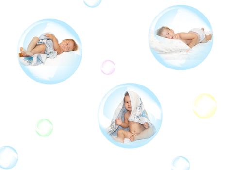 Soap bubble and child on a white background