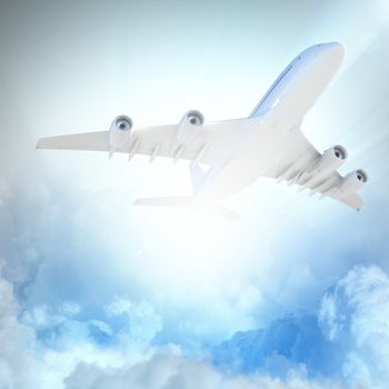 Image of flying airplane in sky with clouds at background