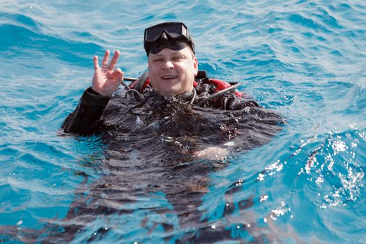 A Scuba Diver showing the OK signal on the surface of the water.