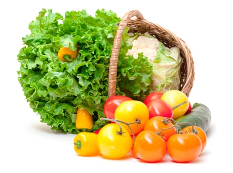 Mixed Fresh Vegetables in Basket, on white background