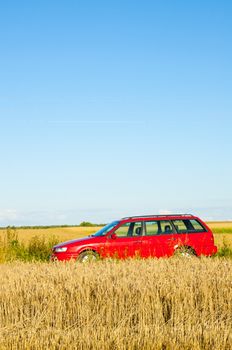 Red car parked near the wheat field